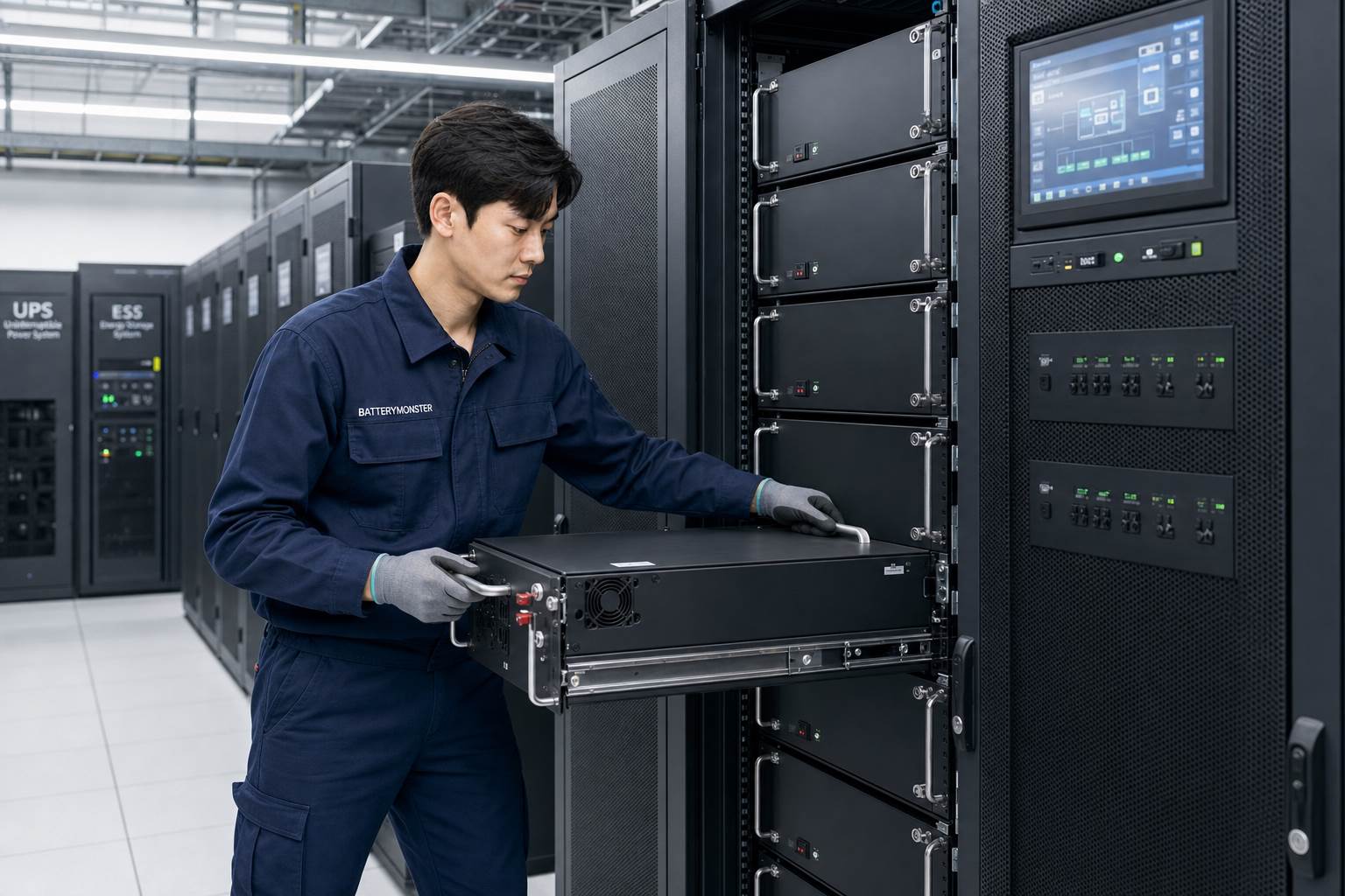 BATTERYMONSTER 작업자가 데이터센터 UPS 모듈형 산업용배터리를 설치하는 모습
