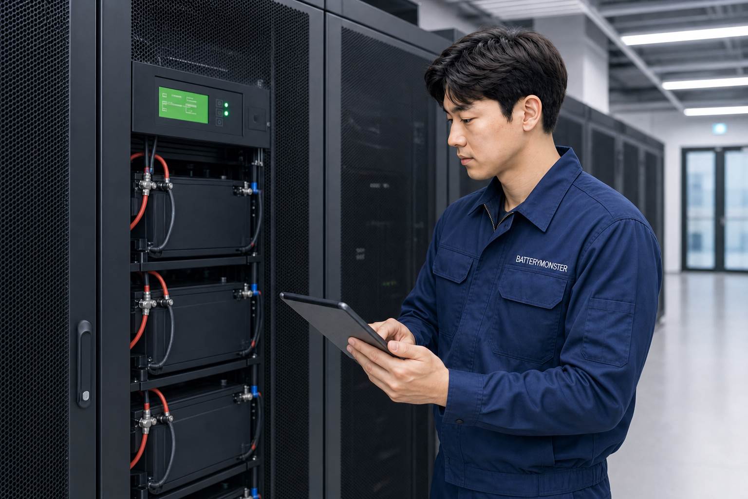 BATTERYMONSTER 작업자가 데이터센터 산업용배터리 점검 기록을 확인하는 모습