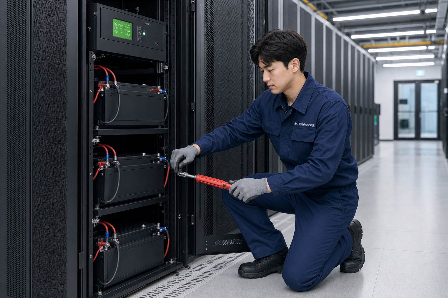 BATTERYMONSTER 작업자가 데이터센터 산업용배터리 교체 후 단자를 최종 확인하는 모습