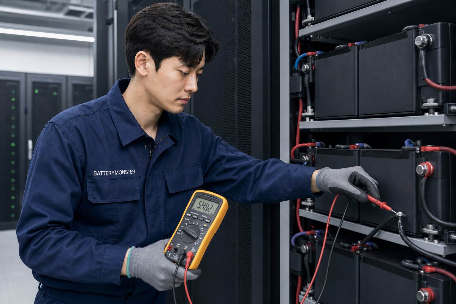 BATTERYMONSTER 작업자가 데이터센터 산업용배터리 전압과 단자를 측정하는 모습