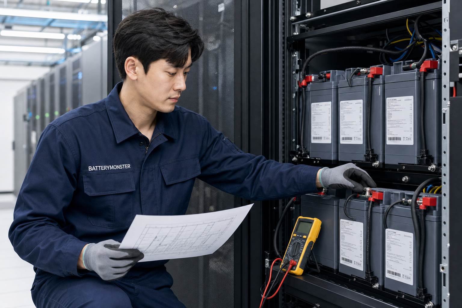 BATTERYMONSTER 작업자가 데이터센터 산업용배터리 규격과 설치 조건을 점검하는 모습